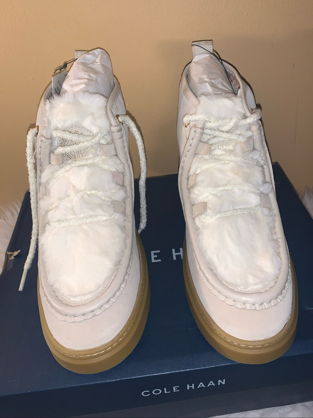 COLE HAAN Summit Chukka Booties Angora White Plaid Fur Boots NIB 7.5